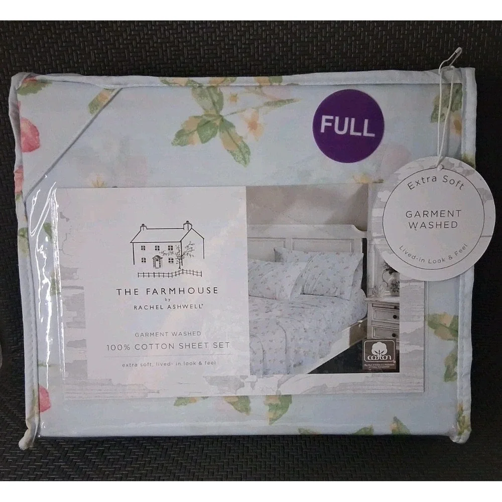 NIP Rachel Ashwell Farmhouse FULL 4 Pc Blue Sheet Set Pink Green Floral Cotton